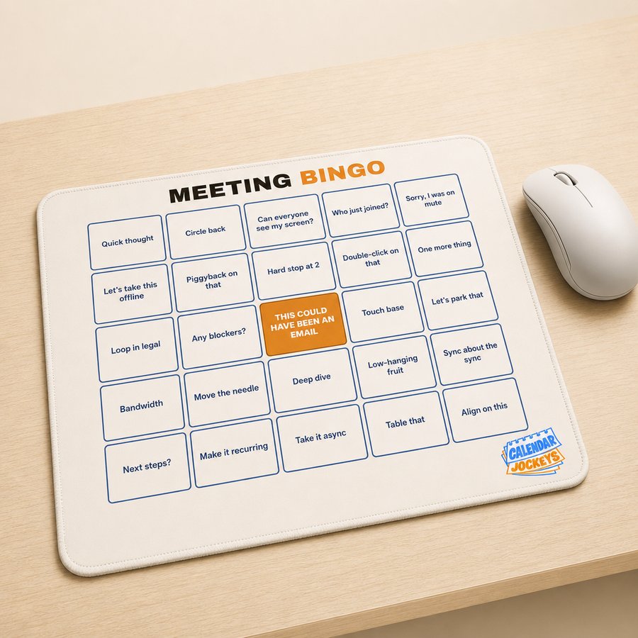 Meeting Bingo mousepad with a five by five grid of meeting phrases