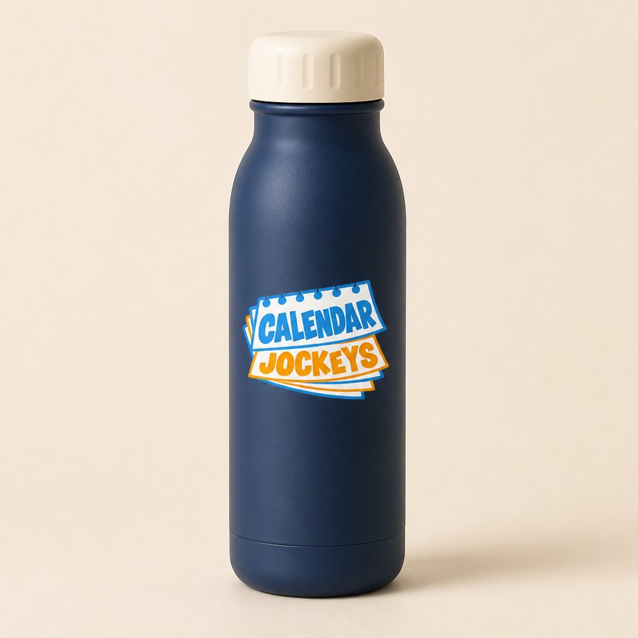 Navy insulated water bottle with the Calendar Jockeys logo