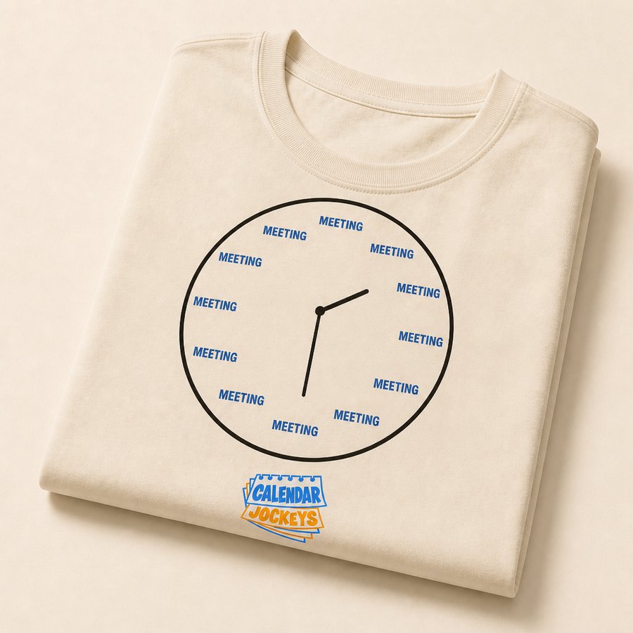 Cream t-shirt printed with a clock face where every hour says MEETING