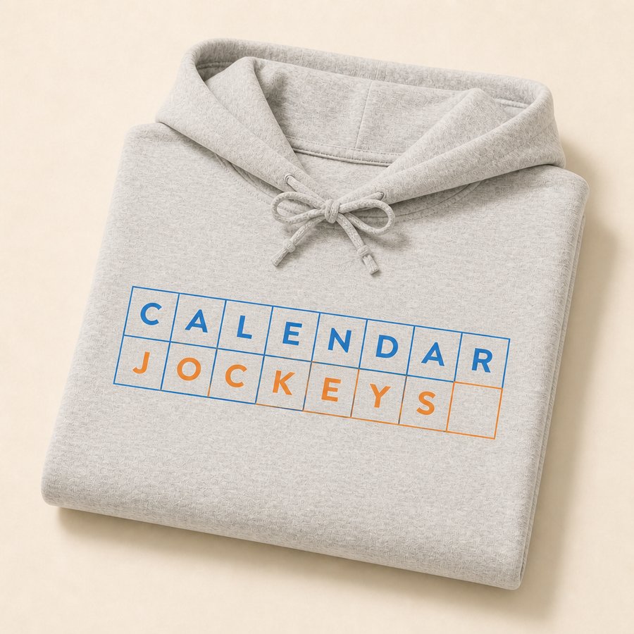 Heather gray hoodie with the Calendar Jockeys grid wordmark