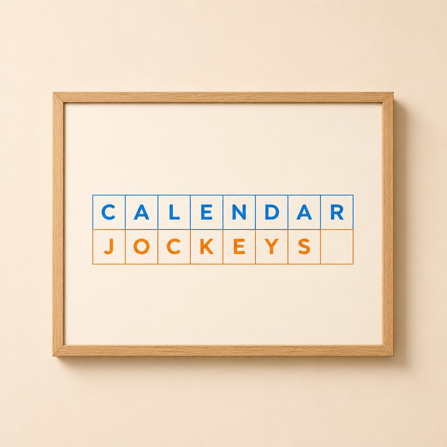 Oak-framed print of the Calendar Jockeys grid wordmark