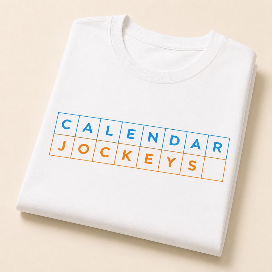 White t-shirt with the Calendar Jockeys grid wordmark in blue and orange
