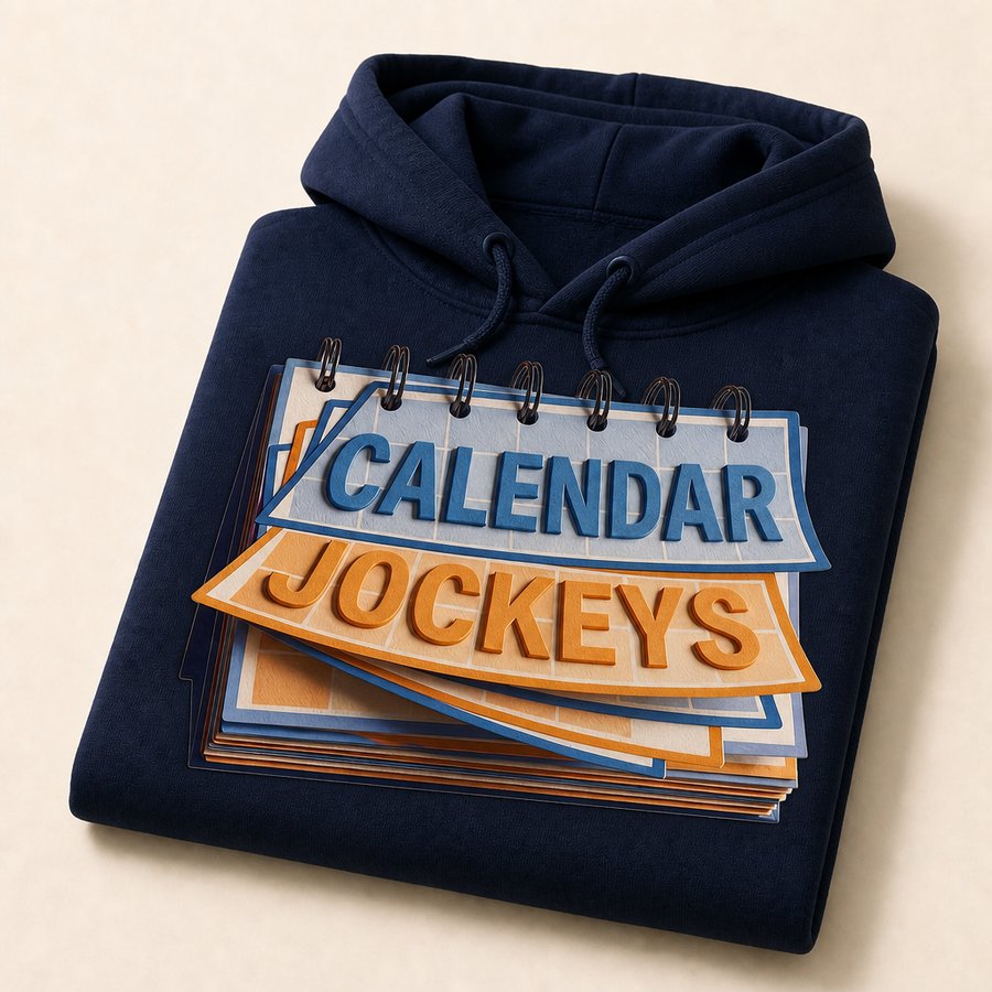 Navy hoodie with the dimensional Calendar Jockeys title across the chest