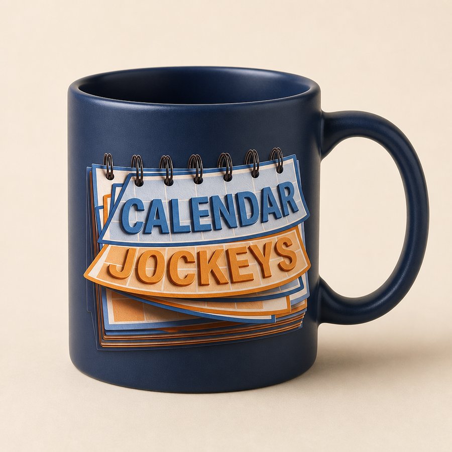 Navy mug with the dimensional Calendar Jockeys title