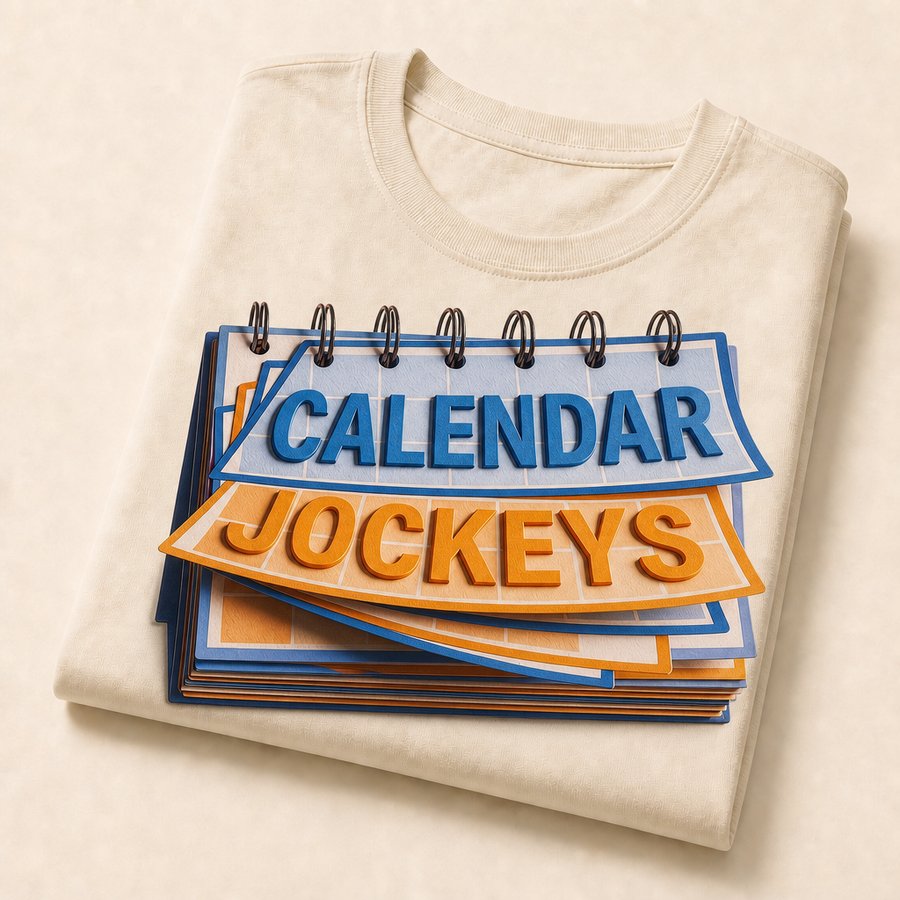 Cream t-shirt with the dimensional Calendar Jockeys title printed on the chest