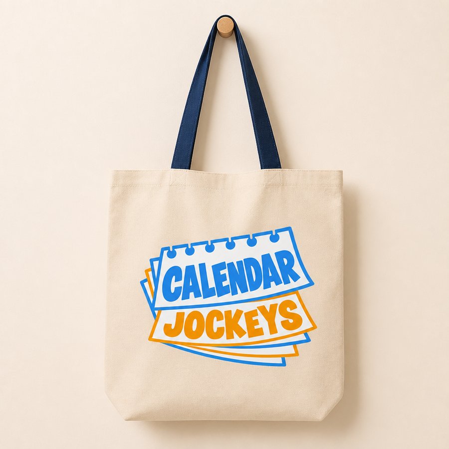 Canvas tote bag with the Calendar Jockeys logo and navy handles